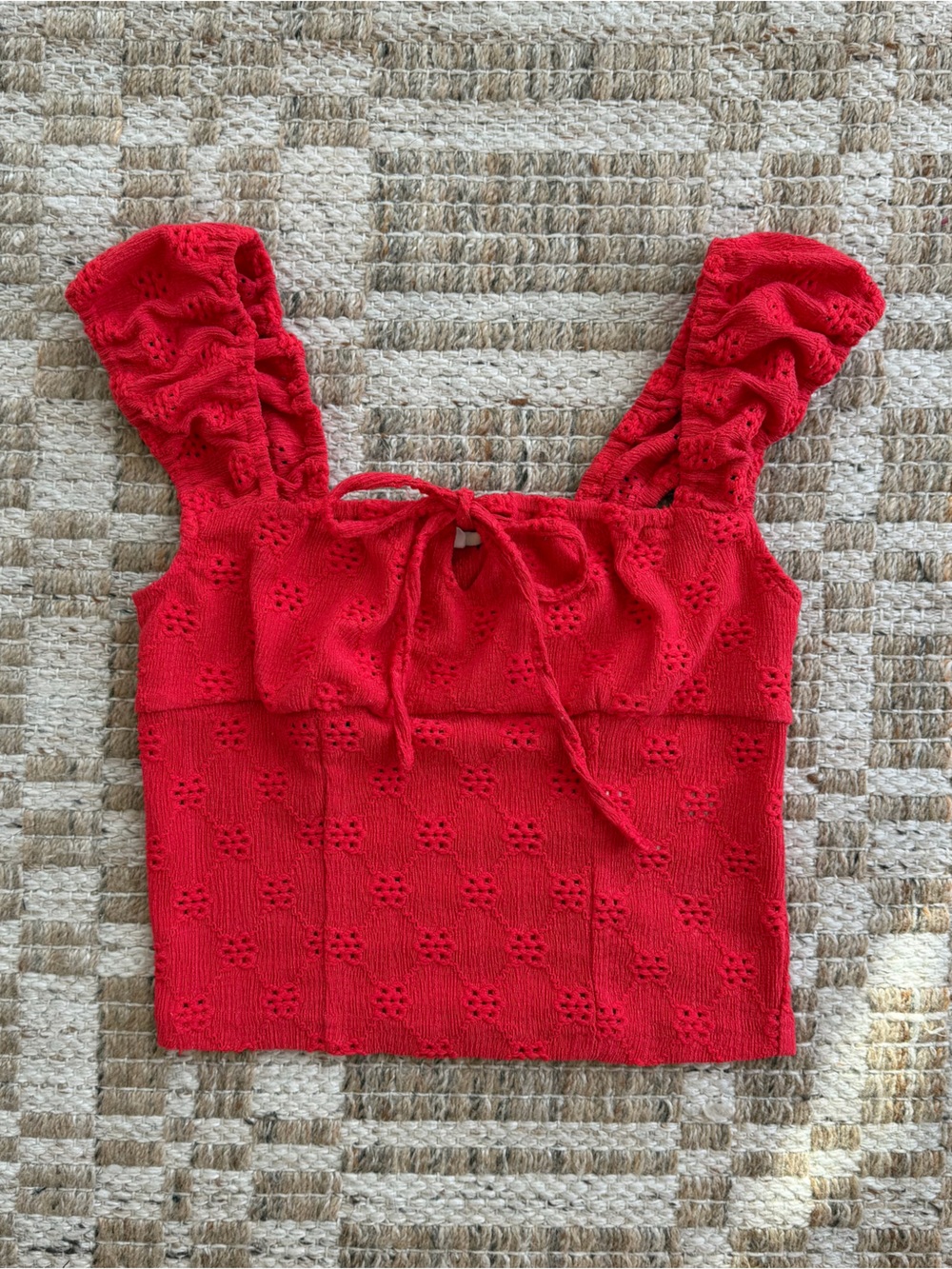 Kimchi Blue Red Eyelet Blouse with Tie Detail